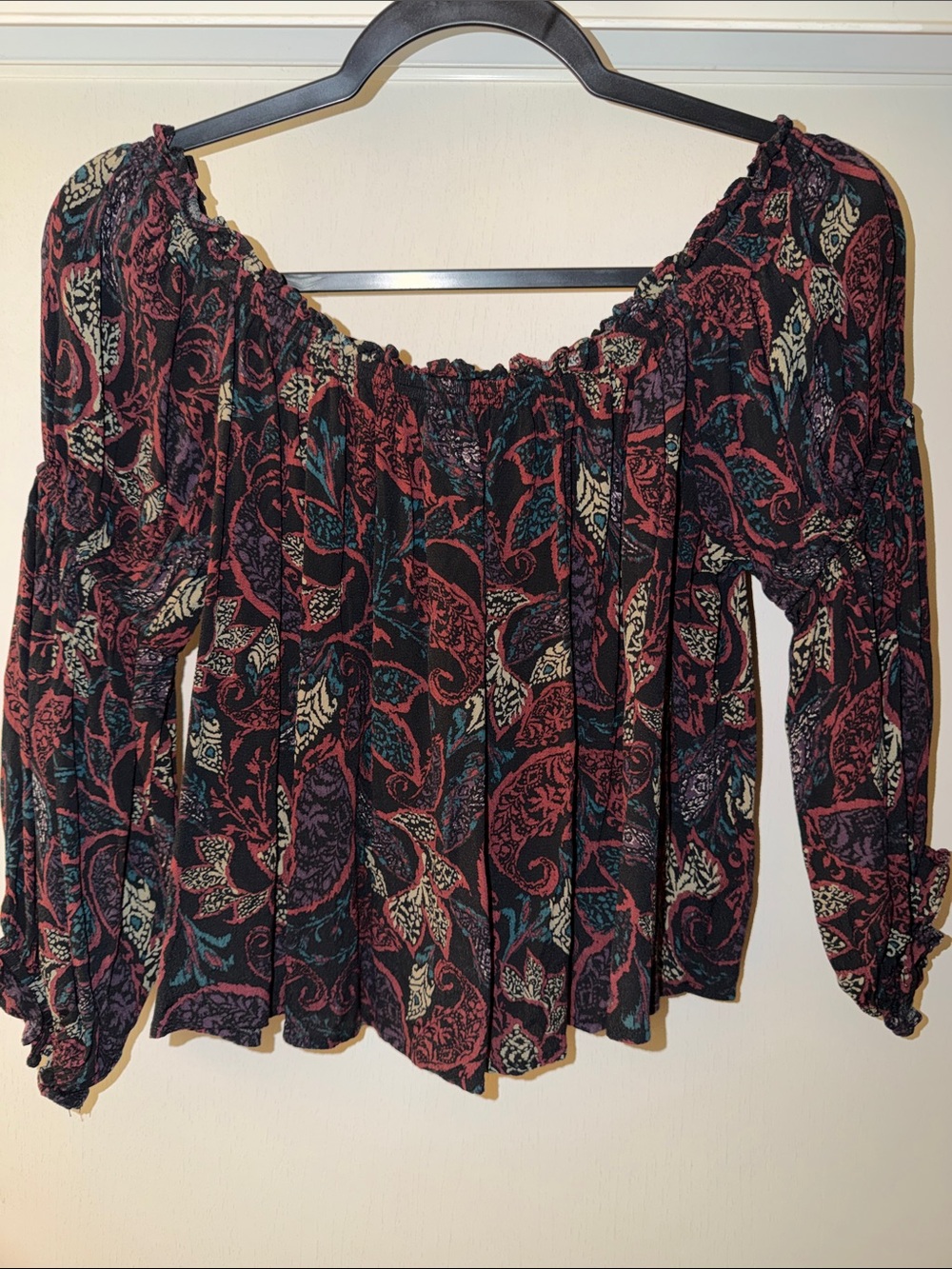 Shyanne Off-Shoulder Paisley Blouse in Burgundy, Black and Cream